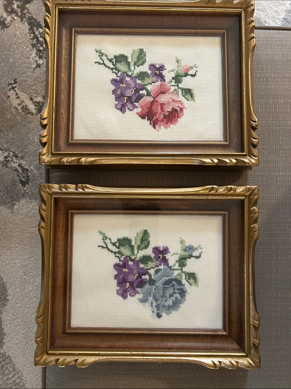 Floral Cross-Stitch Wall Art Pair - Pink & Blue